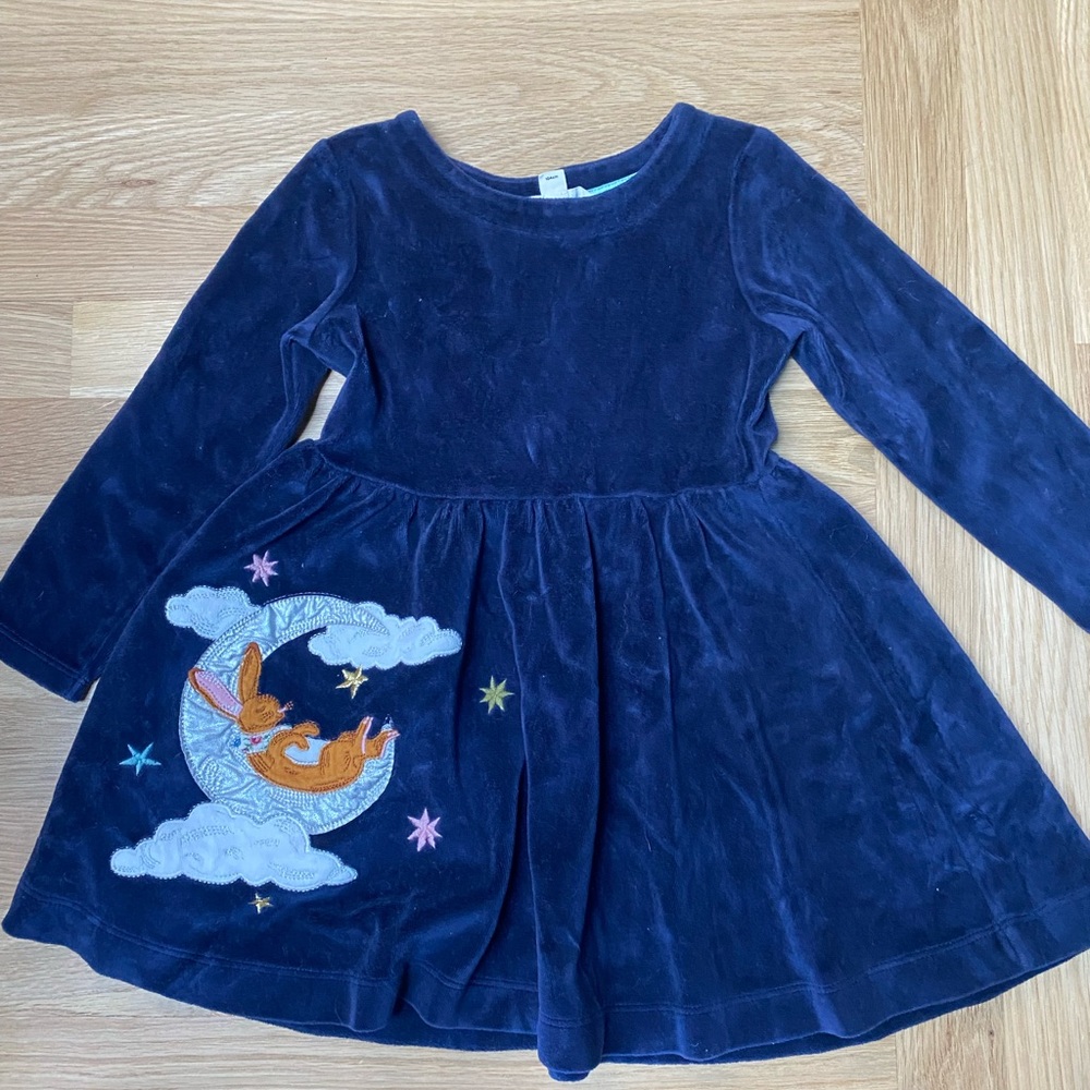 Navy Blue Velvet Dress with Moon and Stars Embroidery